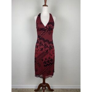 Y2k Vtg Size M Halter Velvet Dress Midi Red Black Whimsigoth Vamp Romantic USA